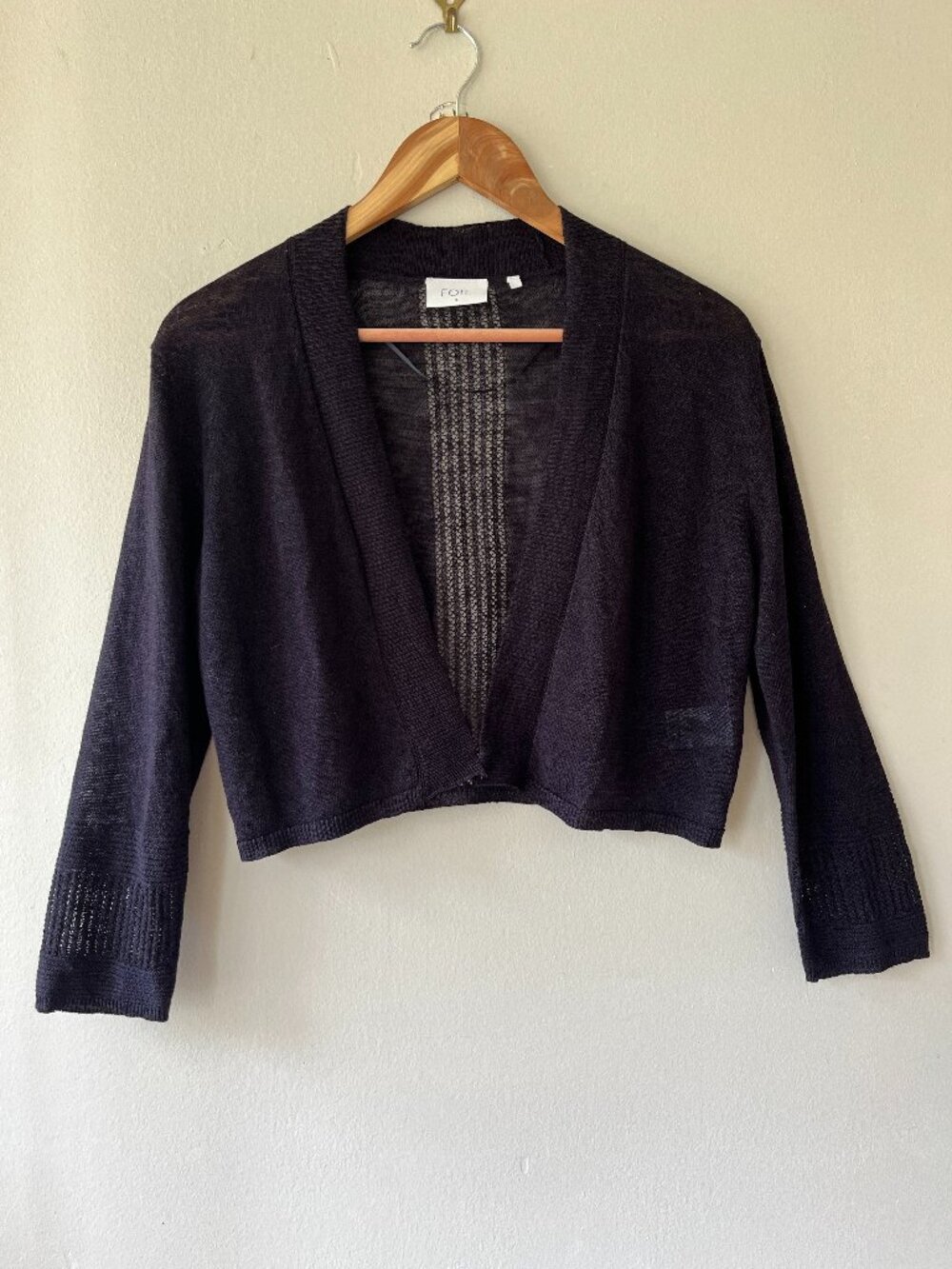 Foil Sz S Black Sheer Gather Knit Cropped Cardigan Long Sleeves
